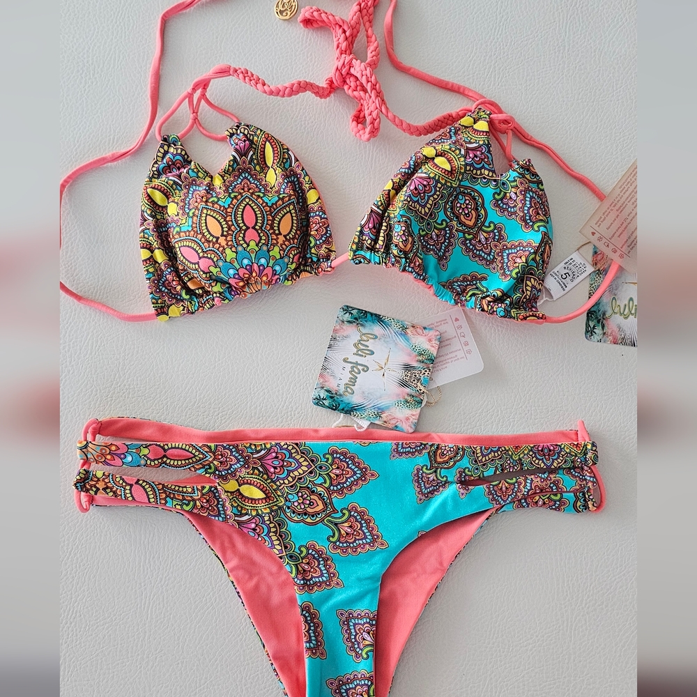 Luli Fama Pink and Blue Paisley Bikini